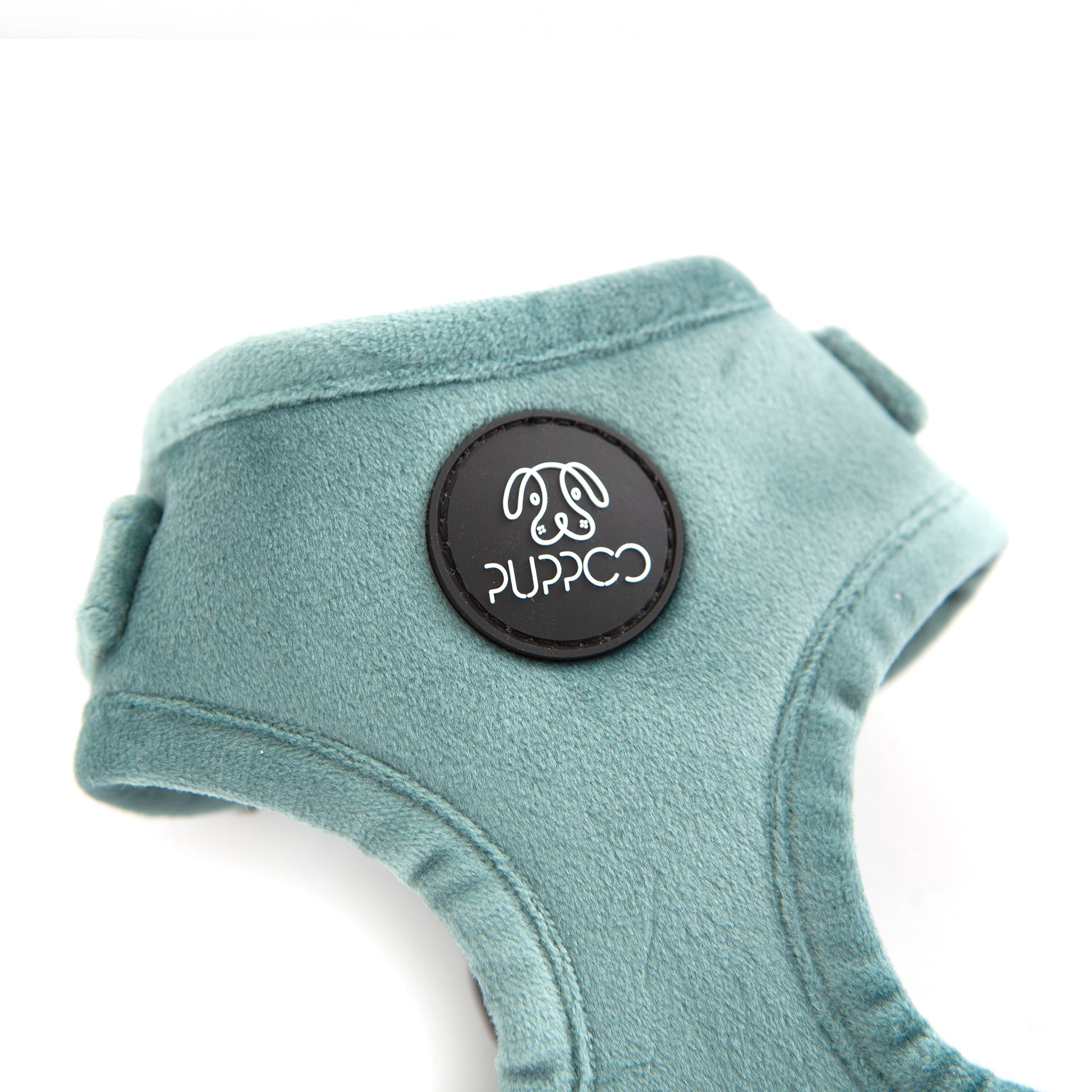 Teal velvet dog harness close up