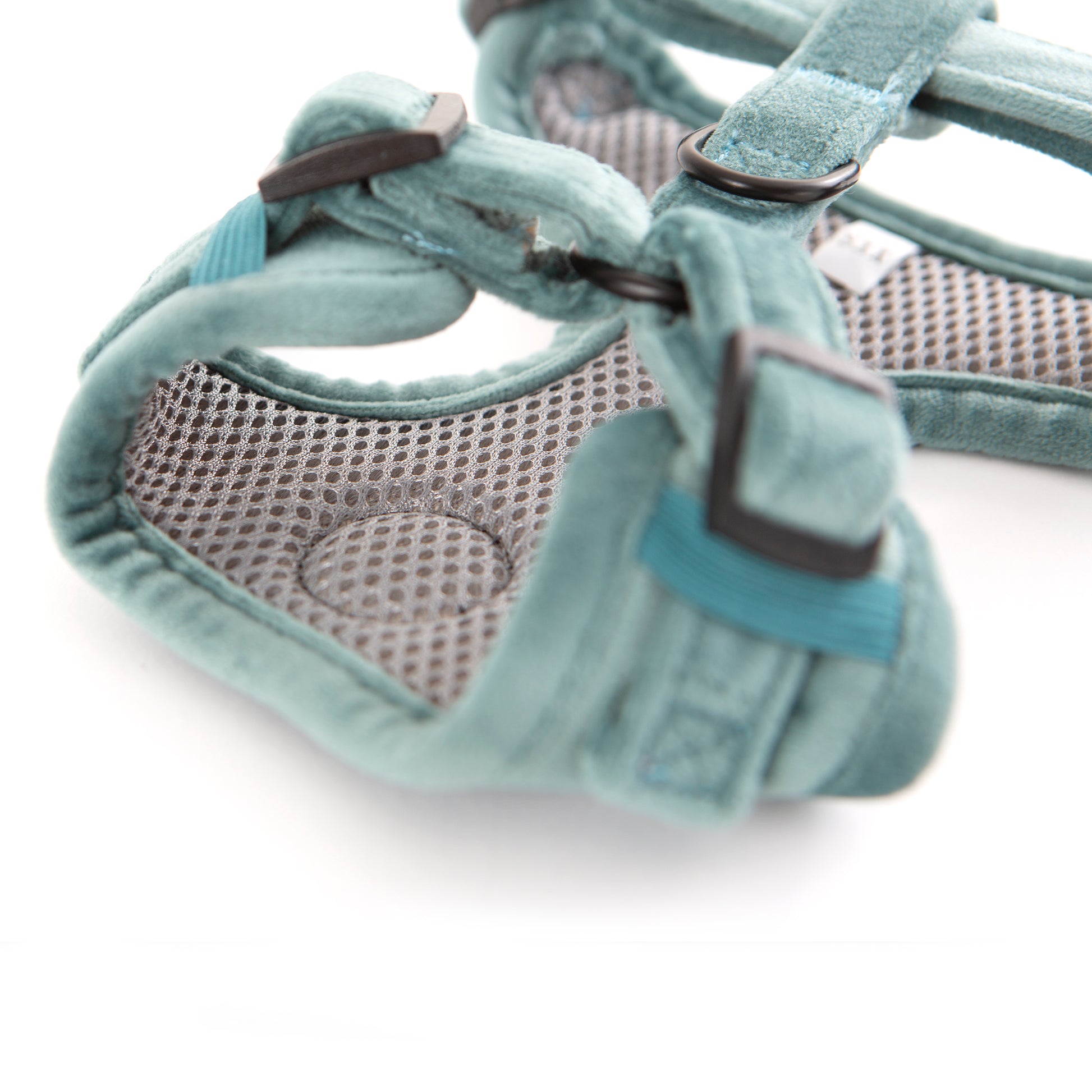 Teal velvet dog harness close up underside