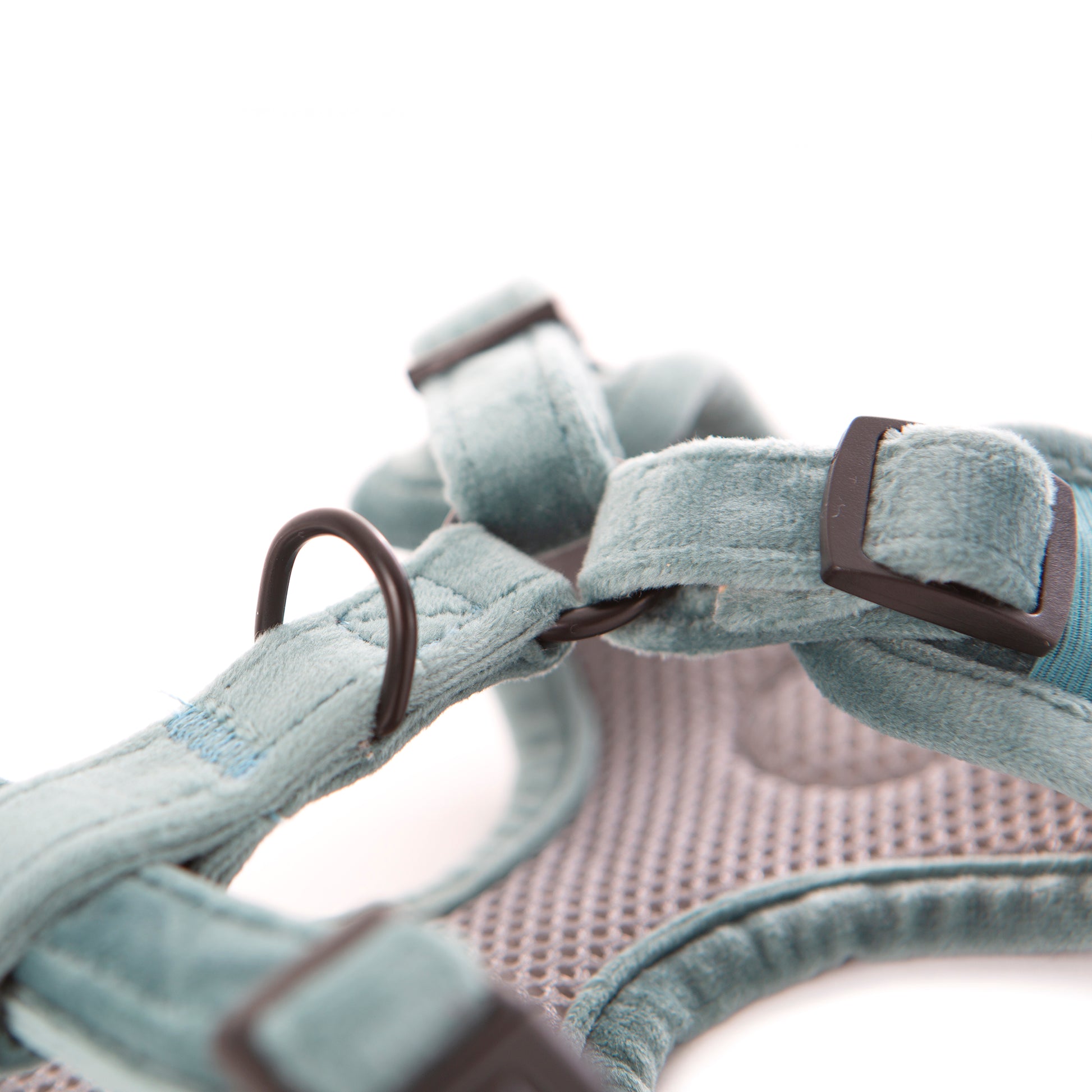 Teal velvet dog harness close up underside
