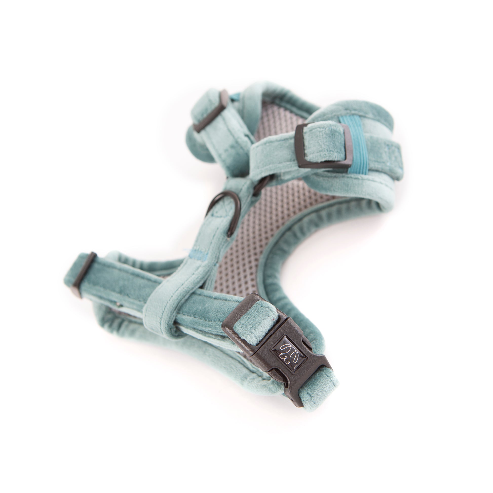 Teal velvet dog harness underside